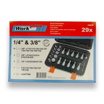 Preview: WorkPlus Steckschlüsselsatz 29-teilig – 1/4" & 3/8" – Torx, Vielzahn, E-Profil